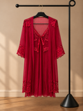 Rose pink satin robe lingerie set for women with lace details