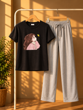 Classic Black Cotton Graphic Night Suit