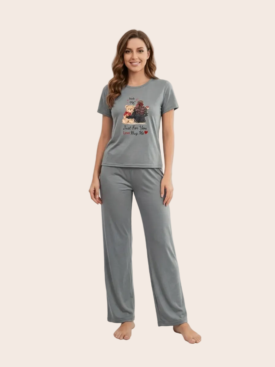 Soft Grey Printed Cotton Pajama Set