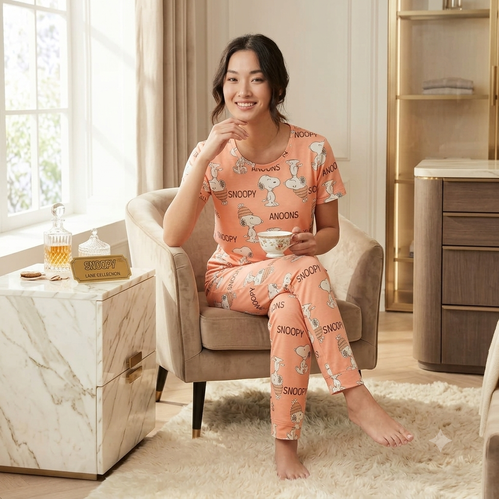 Peach Printed Cotton Women Night Suit