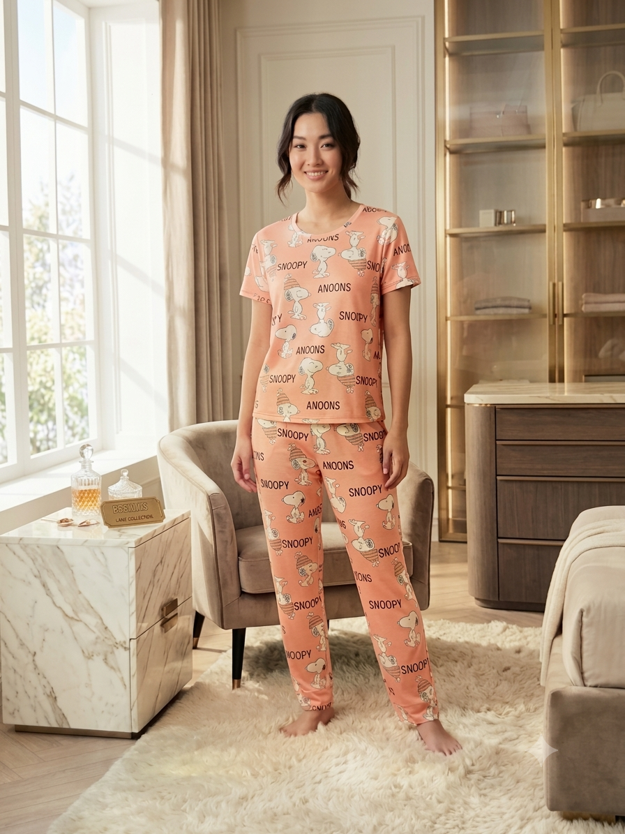 Peach Printed Cotton Women Night Suit