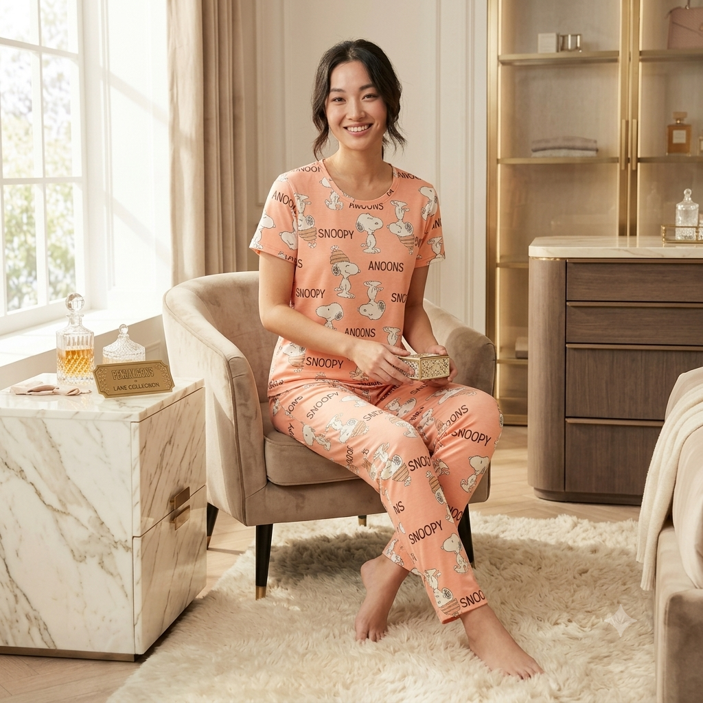 Peach Printed Cotton Women Night Suit