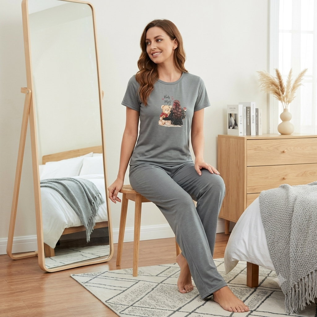 Soft Grey Printed Cotton Pajama Set