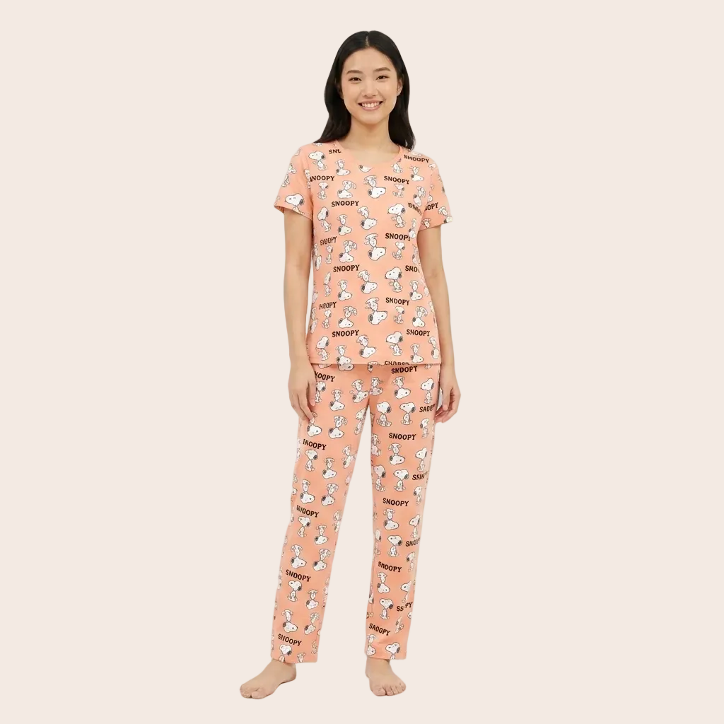 Peach Printed Cotton Women Night Suit