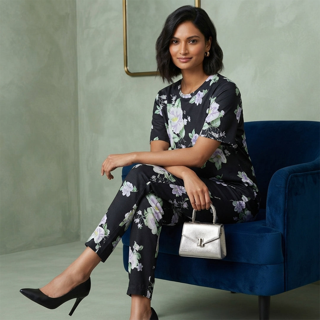 Black Floral Cotton Night Suit