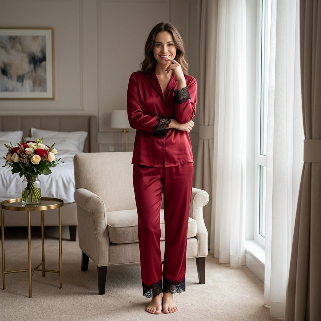 Premium Maroon Satin Pajama Set