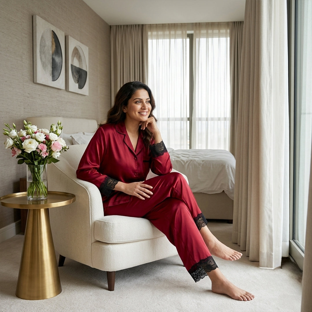 Premium Maroon Satin Pajama Set