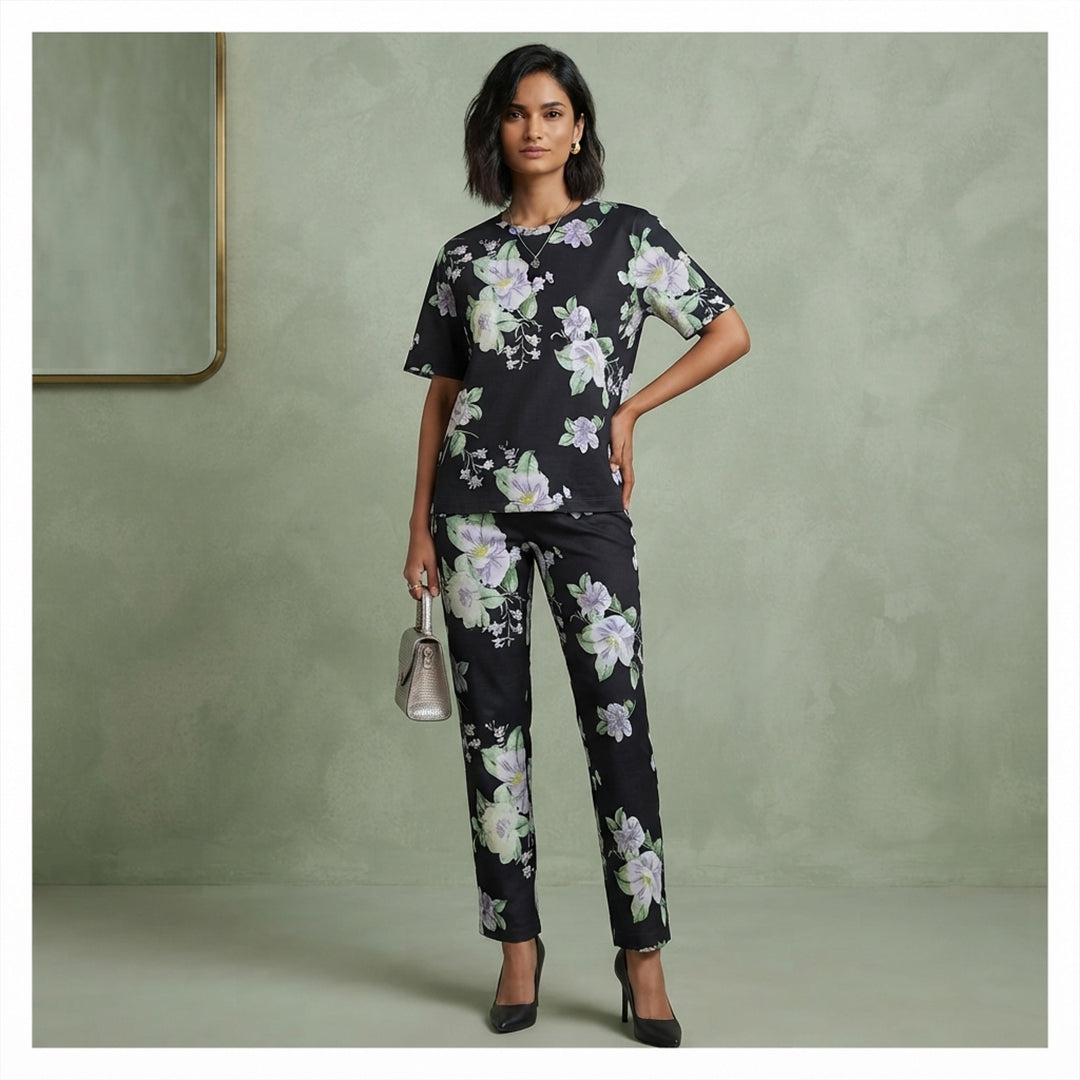 Black Floral Cotton Night Suit
