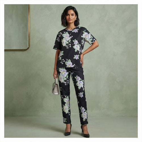 Black Floral Cotton Night Suit