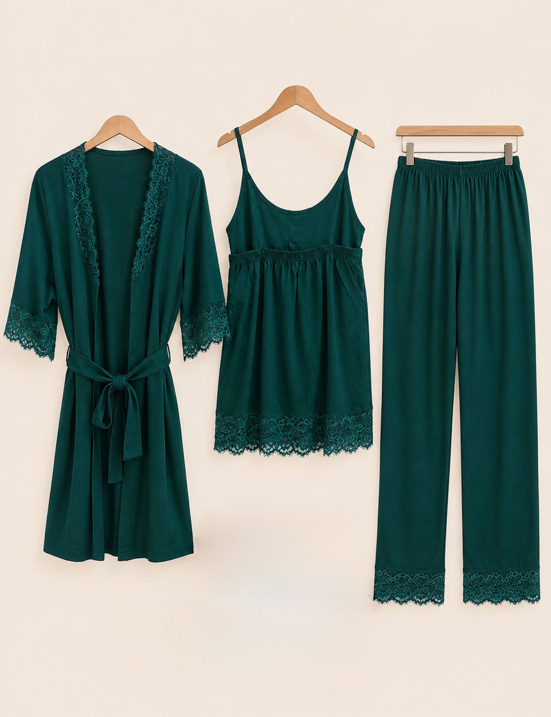 Women’s Premium Soft Jersey 3 Piece Robe & Pyjama Set – Emerald Green