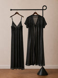 Black satin lace robe set with slip dress for women