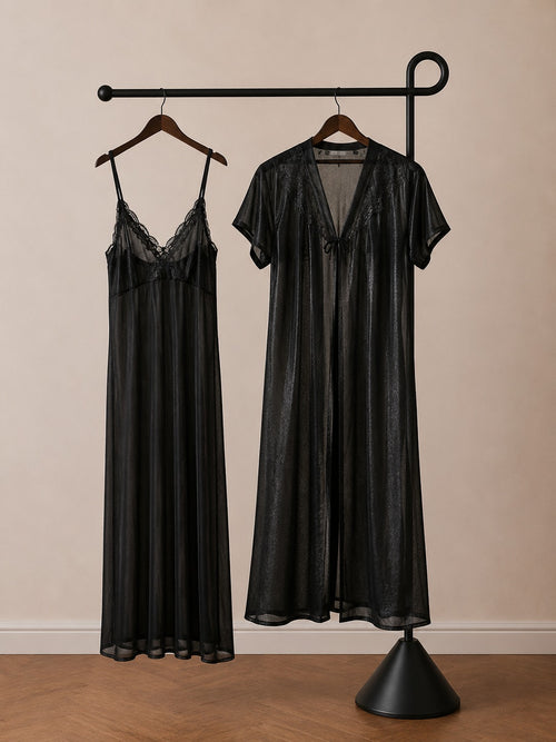 Black satin lace robe set with slip dress for women