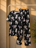 Black Floral Cotton Night Suit