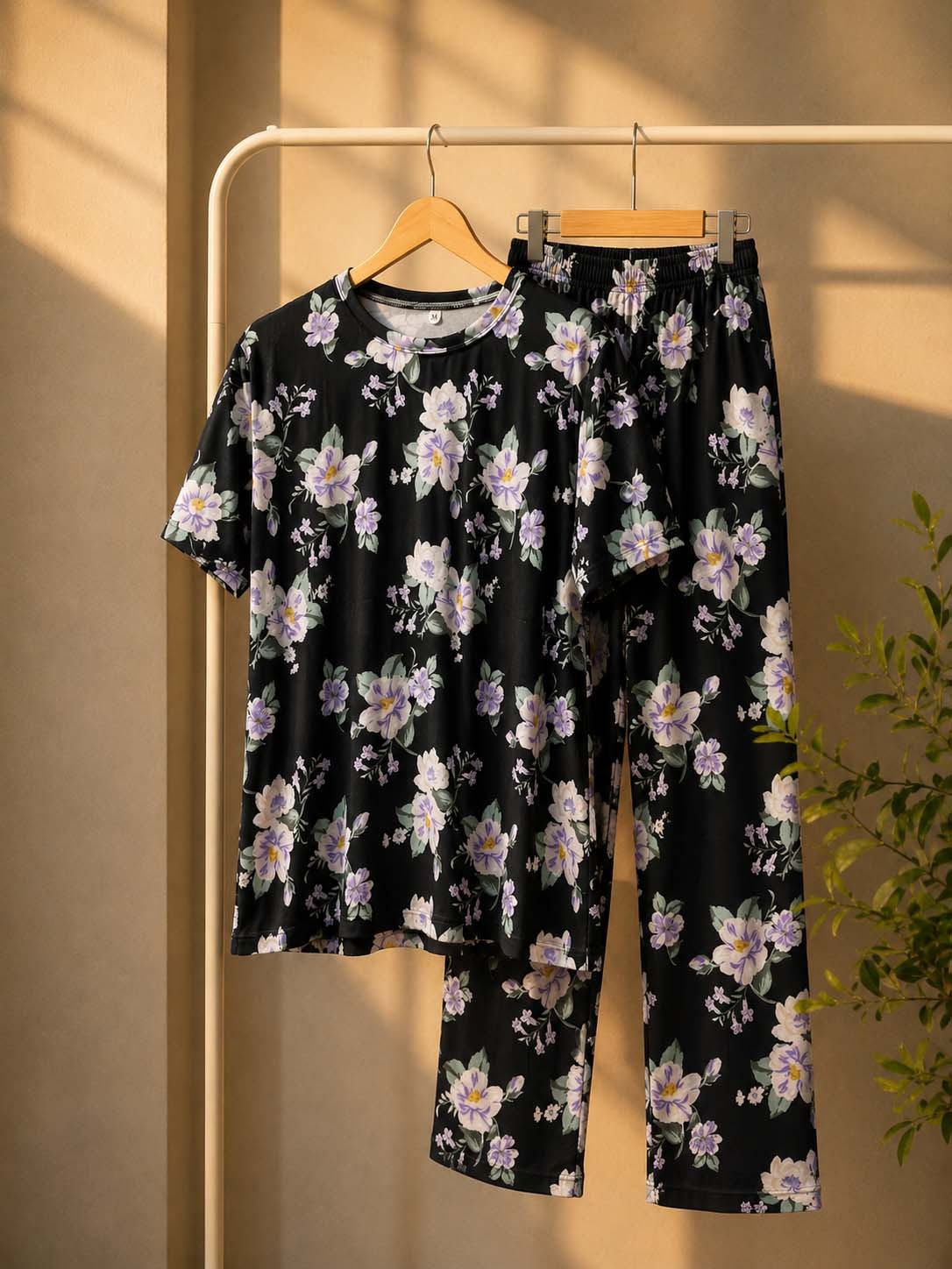 Black Floral Cotton Night Suit