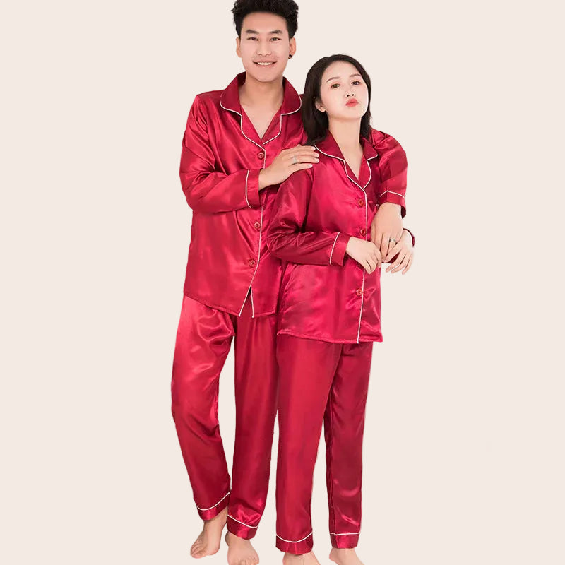 Wine Couple Satin Night Suit Set