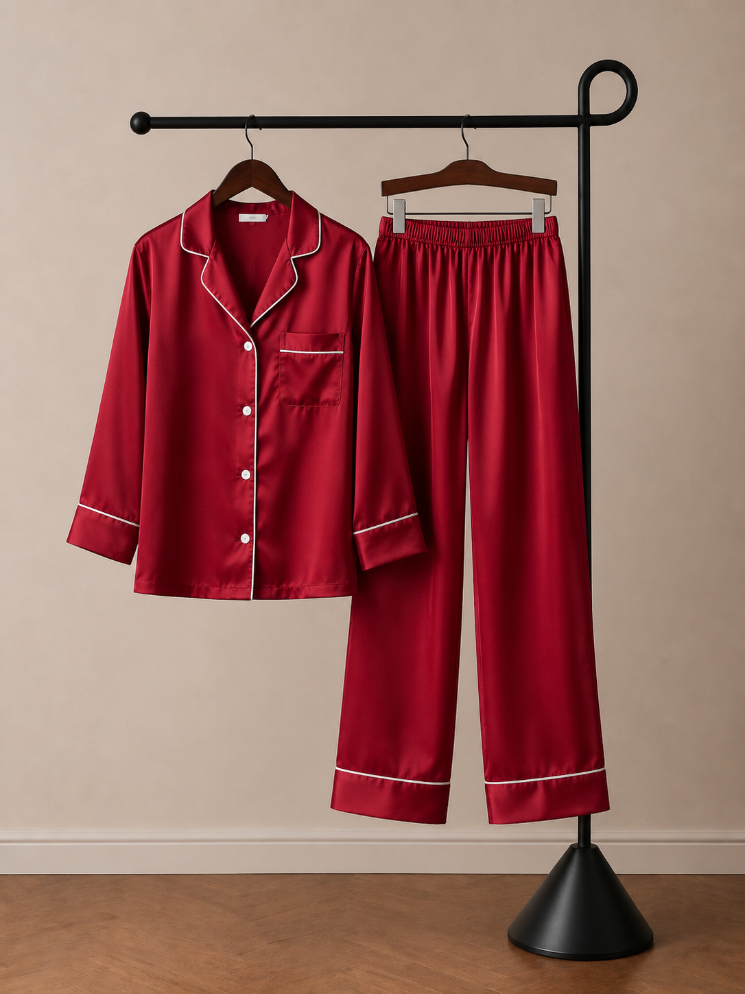 Couple satin night suit set wine color front view
