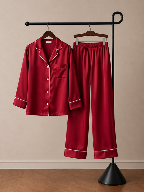 Couple satin night suit set wine color front view