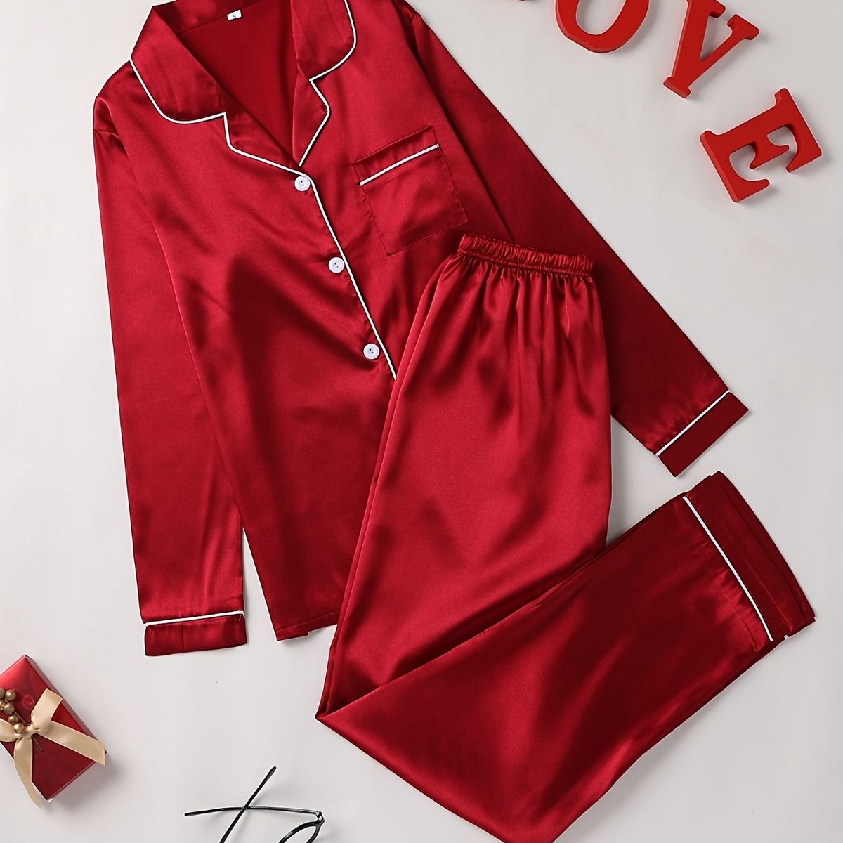 Wine Couple Satin Night Suit Set