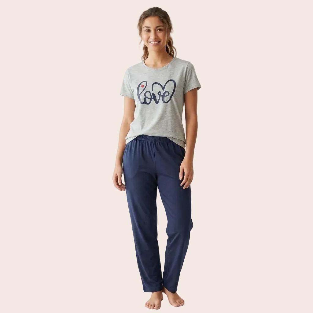 Love print cotton pajama set for women on plain background