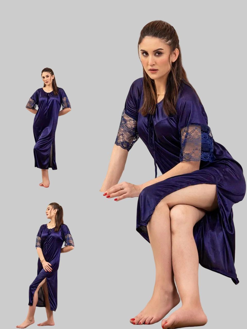 Navy satin robe set for brides, multiple pose views
