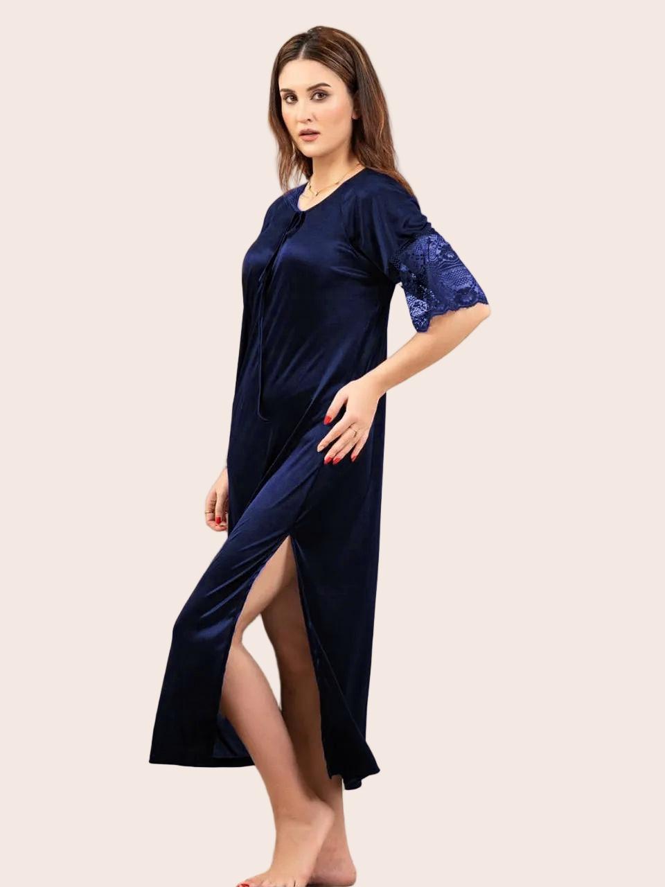 Satin robe set for brides, navy blue side view