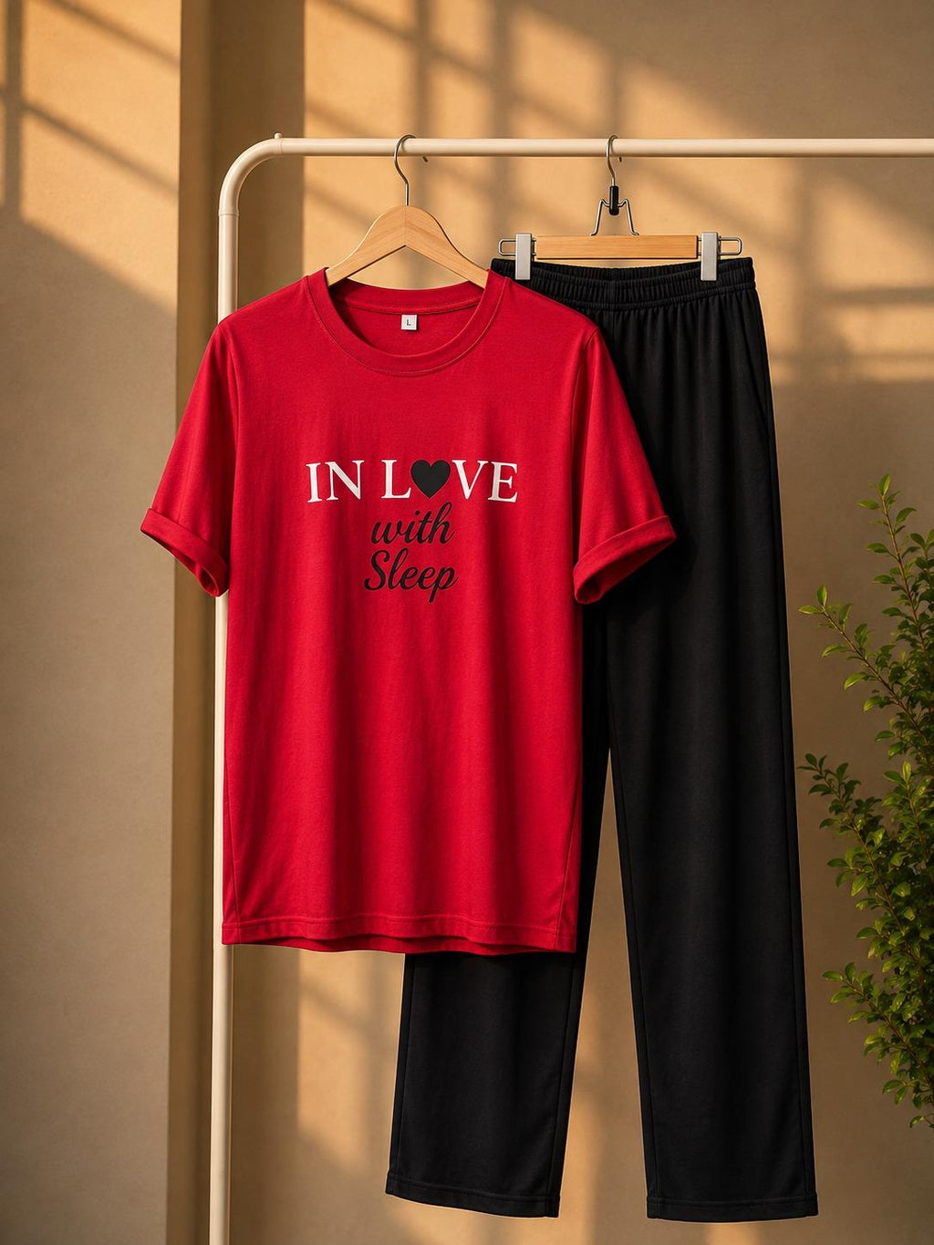 Red print pajama set for women displayed on hanger