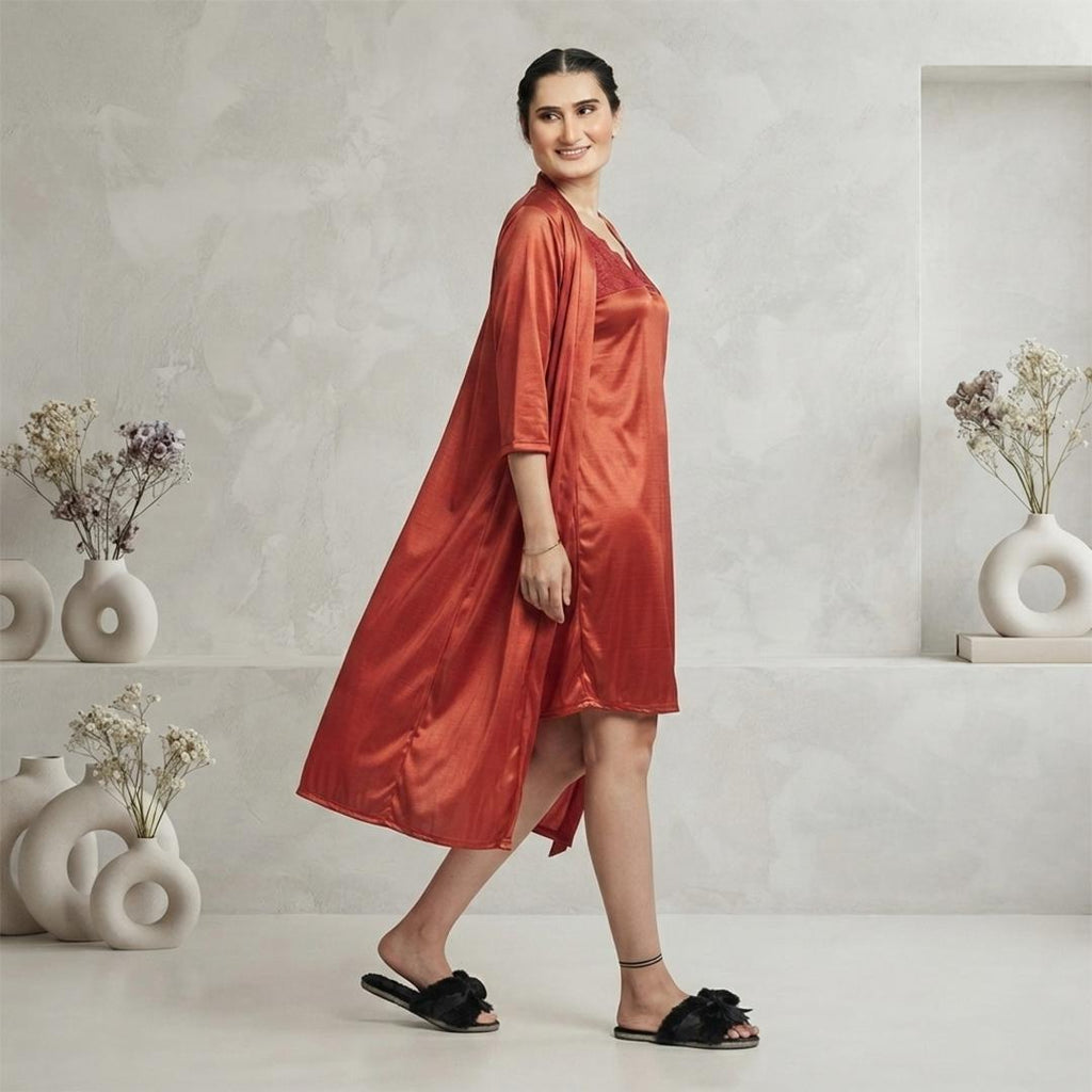 Bridal nightwear gift set, satin robe and camisole side view